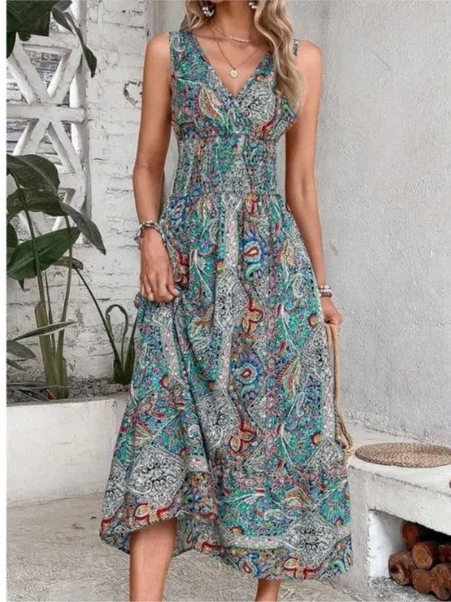 Verão boho vestidos femininos fahsion sem mangas impressão praia vestidos de festa 2024 elegante casual férias para mulher longo a linha vestido - Imagem 5