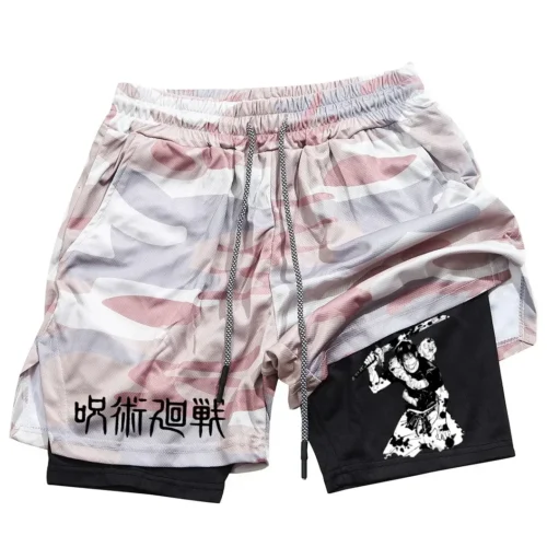 Calções de Anime Performance Masculina, Estampada Toji, Ginásio, Casual, Esportes, Treino, Corrida, Malha, Calça curta esportiva 2 em 1 - Imagem 17