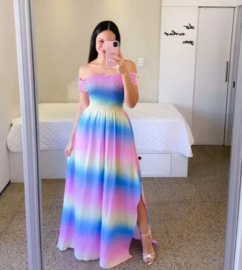 Elegante feminino fora do ombro midi vestido 2024 verão moda vestidos de cintura alta flor impressão manga curta vestidos robe roupas - Imagem 23