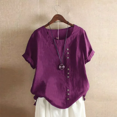 Top feminino de algodão e linho verão casual solto botão manga curta cor sólida pulôver blusa femme blusas - Imagem 29