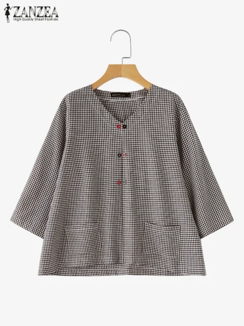 Zanzea casual solto blusa feminina verão em torno do pescoço camisa verificado impresso bolso 3/4 manga topos harajuku simples blusas - Imagem 4