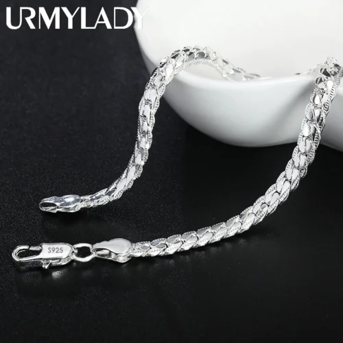 Urmylady 925 prata esterlina 2 peças 6mm corrente lateral completa colar pulseira para mulheres homens moda conjuntos de jóias presente de casamento - Imagem 4