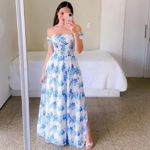 Elegante feminino fora do ombro midi vestido 2024 verão moda vestidos de cintura alta flor impressão manga curta vestidos robe roupas - Imagem 35