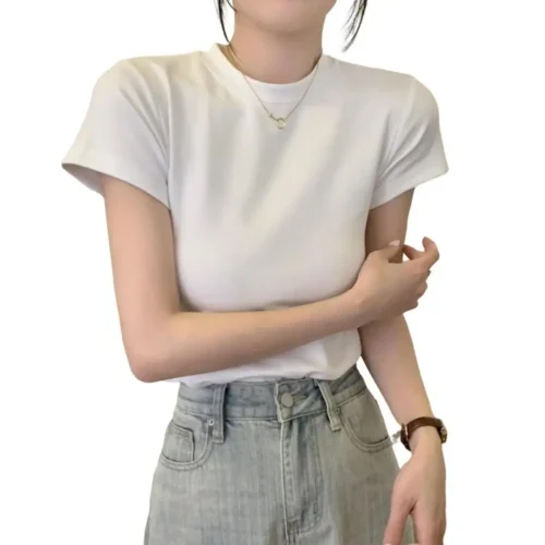 Blusa elegante de manga curta feminina, camiseta feminina slim fit elegante, pulôver macio com o pescoço, streetwear monocromático, top elástico - Imagem 6