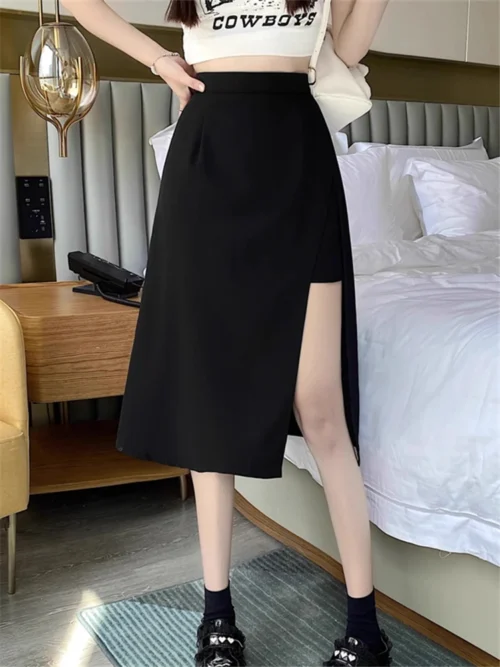 Saia preta de fenda irregular de cintura alta feminina, verão, comprimento médio, linha A, Harajuku, vintage, roupas femininas, novo, 2023 - Imagem 5