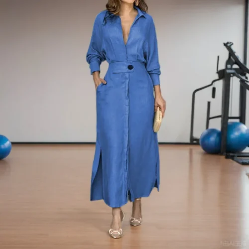 Vestido feminino 2024 outono nova moda elegante manga longa lazer tempo cor sólida decote em v sexy senhoras camisa vestidos mschuh S-3XL - Imagem 6