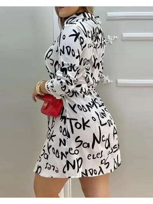 Mulheres elegante vestido carta impressão manga longa camisa casual vestido verão primavera férias mini vestidos senhora do escritório 2025 vestidos - Imagem 3