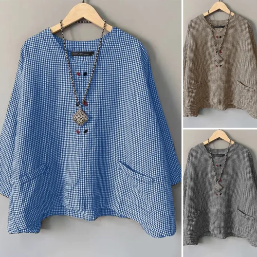 Zanzea casual solto blusa feminina verão em torno do pescoço camisa verificado impresso bolso 3/4 manga topos harajuku simples blusas - Imagem 12