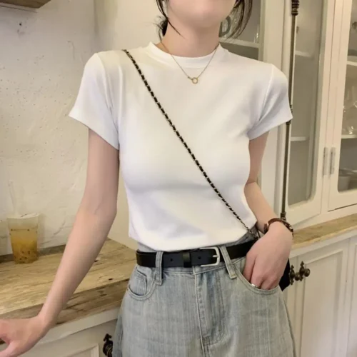 Blusa elegante de manga curta feminina, camiseta feminina slim fit elegante, pulôver macio com o pescoço, streetwear monocromático, top elástico - Imagem 3