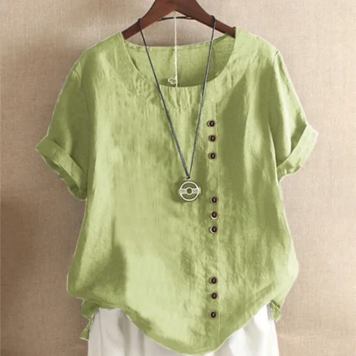 Top feminino de algodão e linho verão casual solto botão manga curta cor sólida pulôver blusa femme blusas - Imagem 4
