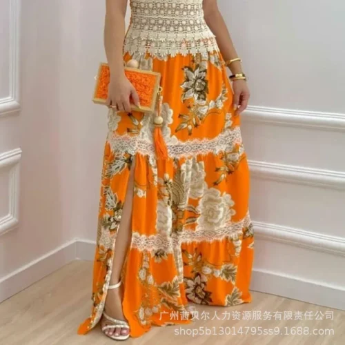 Vestido de Praia Feminino com Painel de Bordas, Saia Longa, Decote V, Estampado, Férias Europeu e Americano, Sexy, Verão, 2022 - Imagem 3