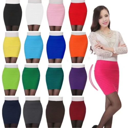 Verão feminino saia de cintura alta cor sólida elástica saia plissada para senhora do escritório drapeado magro mini saia sexy senhora lápis saias
