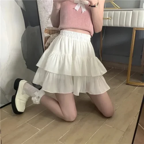 Mini saia de babados brancos para mulheres, cintura elástica, linha A, solta, estilo preppy, fofa, curta, plissada, moda coreana, kawaii - Imagem 25
