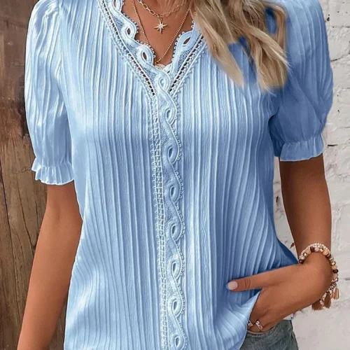 Verão feminino novo topo 2024 sólido sexy com decote em v oco camisa de manga curta moda splice plus size blusa solta vestuário rua
