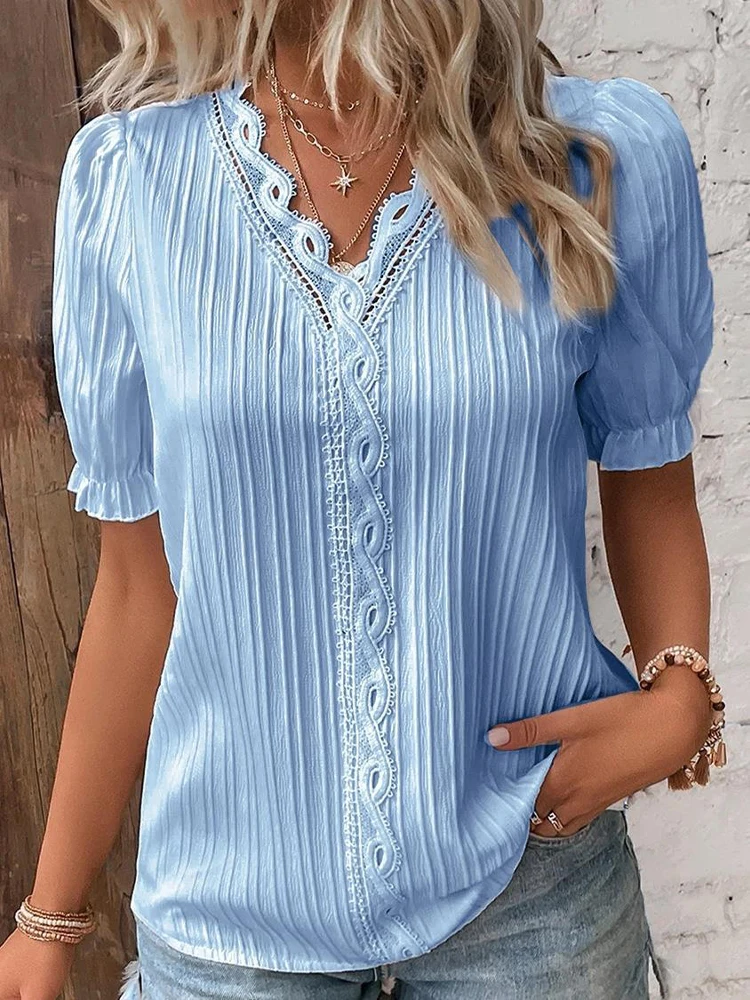 Verão feminino novo topo 2024 sólido sexy com decote em v oco camisa de manga curta moda splice plus size blusa solta vestuário rua