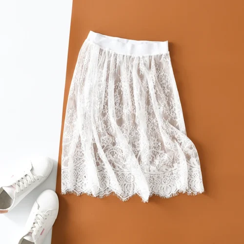 2 comprimento elegante saia preta renda branca transparente longa saia de tule senhoras elástica cintura alta praia midi saia transporte da gota - Imagem 19