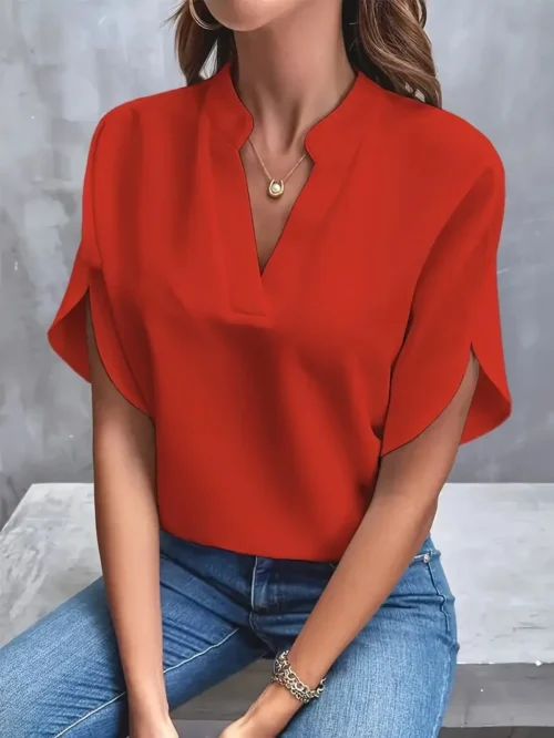 Verão elegante blusa feminina novo decote em v manga curta cor sólida camisa solta casual branco topos senhora do escritório blusas - Imagem 3