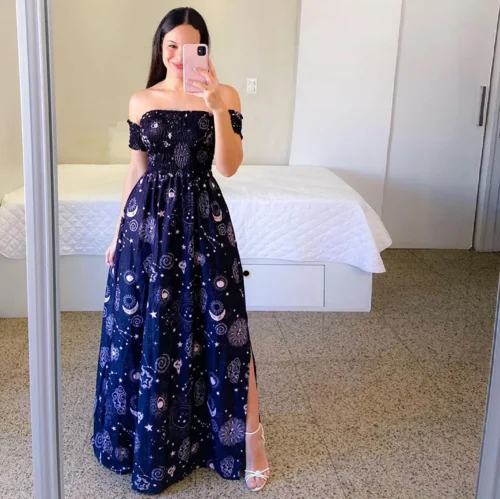 Elegante feminino fora do ombro midi vestido 2024 verão moda vestidos de cintura alta flor impressão manga curta vestidos robe roupas - Imagem 33