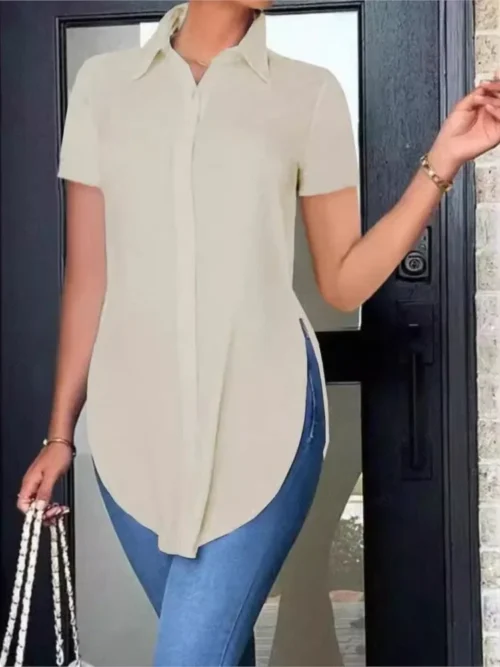 Blusas femininas verão casual branco camisa de manga curta moda ol lapela irregular camisas finas roupas femininas streetwear topos - Imagem 3