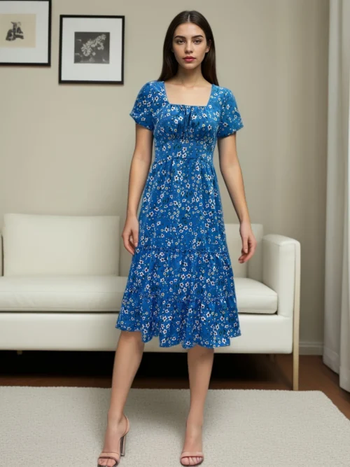 Verão feminino praia doce vestidos vintage impressão puff manga casual gola quadrada floral feminino maxi vestido longo - Imagem 22