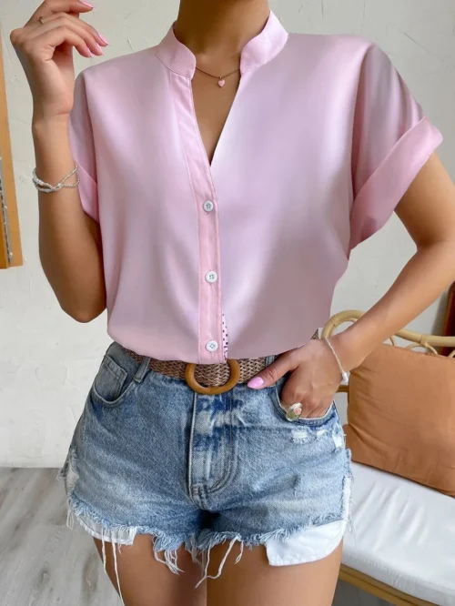 2024 verão com decote em v camisa feminina casual senhora do escritório cor sólida manga curta único breasted elegante blusa feminina femme blusas - Imagem 6