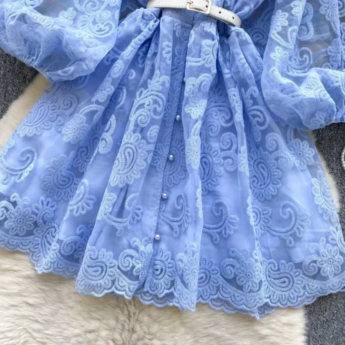 Francês doce decote em v lanterna manga mini vestido de verão feminino bordado flor malha retalhos cinto casual praia a linha festa robes - Imagem 22