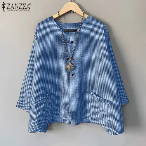 Zanzea casual solto blusa feminina verão em torno do pescoço camisa verificado impresso bolso 3/4 manga topos harajuku simples blusas - Imagem 15