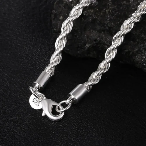 Cor prata 4mm corrente masculina corda torcida colar pulseiras moda feminina masculino prata conjunto de jóias de alta qualidade - Imagem 3