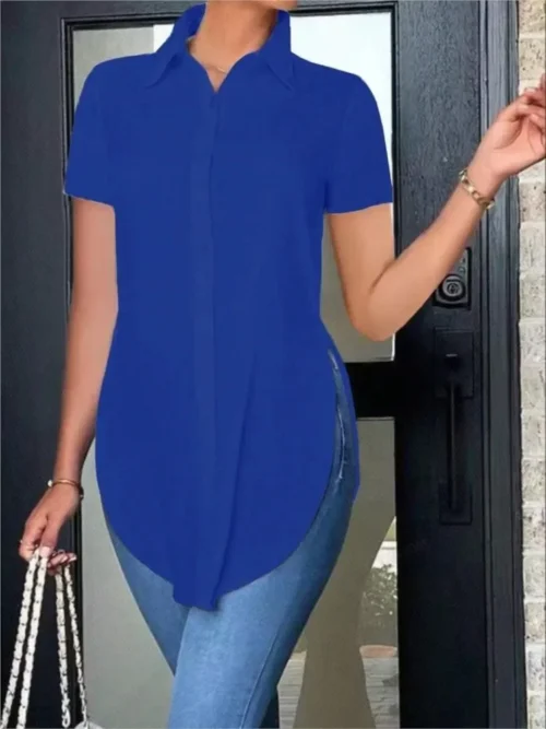 Blusas femininas verão casual branco camisa de manga curta moda ol lapela irregular camisas finas roupas femininas streetwear topos - Imagem 6