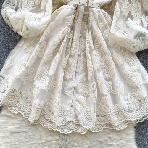 Francês doce decote em v lanterna manga mini vestido de verão feminino bordado flor malha retalhos cinto casual praia a linha festa robes - Imagem 14
