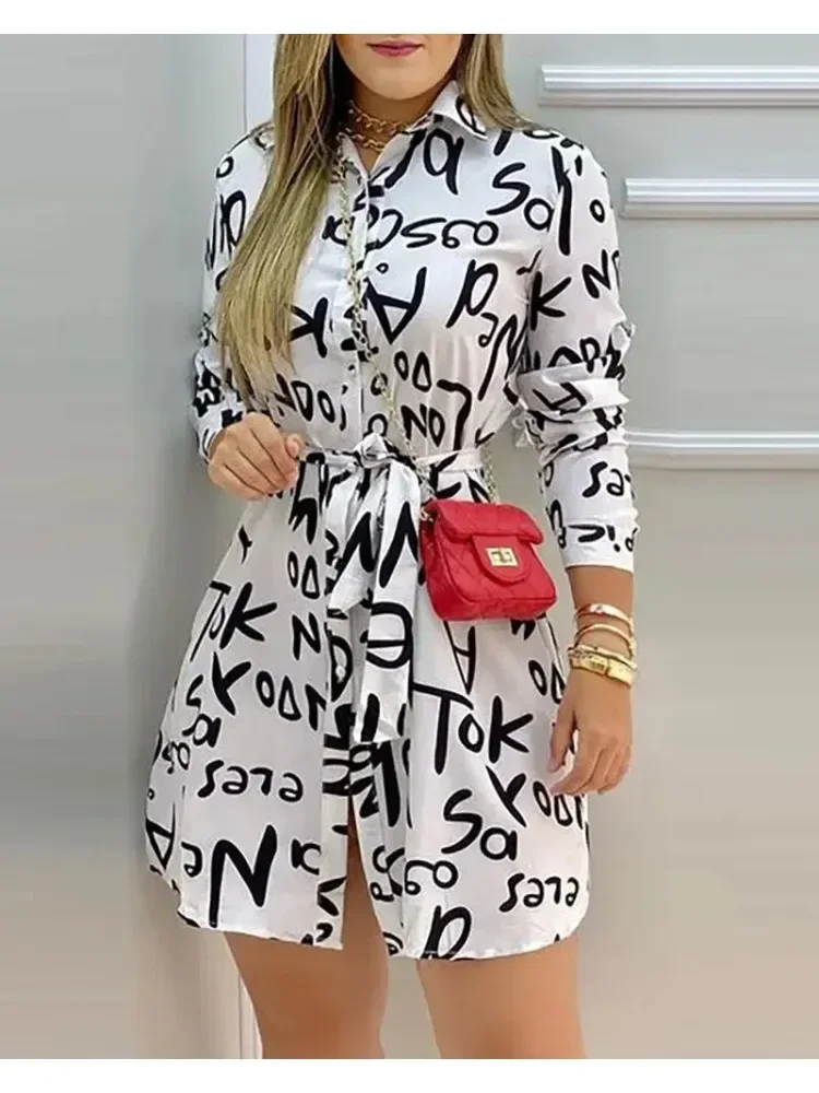 Mulheres elegante vestido carta impressão manga longa camisa casual vestido verão primavera férias mini vestidos senhora do escritório 2025 vestidos