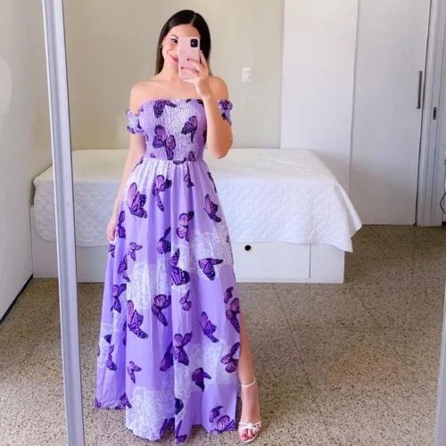 Elegante feminino fora do ombro midi vestido 2024 verão moda vestidos de cintura alta flor impressão manga curta vestidos robe roupas - Imagem 10