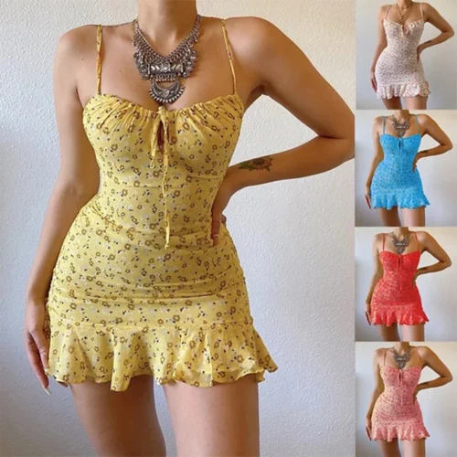 Floral impressão cinta de espaguete vestidos femininos sexy baixo corte oco para fora leace-up pacote hip babados mini vestido feminino 2024 - Imagem 14