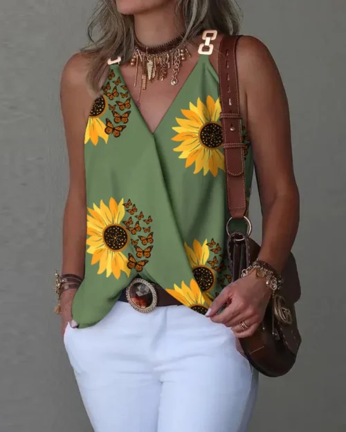 2024 verão com decote em v fivela de metal listrado impresso regata para mulher solta sem mangas pulôver blusa femme blusas mujer - Imagem 11