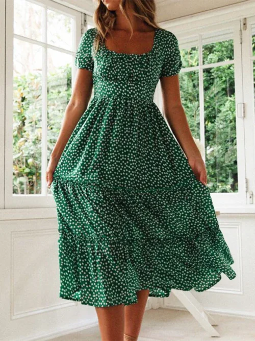 Verão feminino praia doce vestidos vintage impressão puff manga casual gola quadrada floral feminino maxi vestido longo - Imagem 2