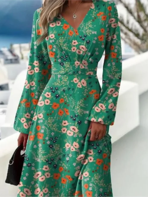 Vestido estampado slim fit feminino, mangas largas, sexy com decote em v, manga comprida, elegante, primavera, outono, novo - Imagem 3