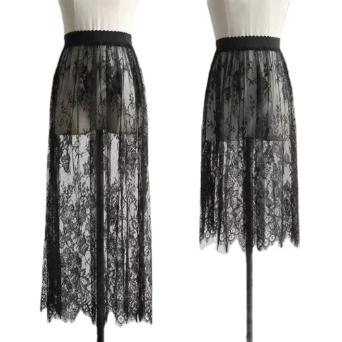 2 comprimento elegante saia preta renda branca transparente longa saia de tule senhoras elástica cintura alta praia midi saia transporte da gota