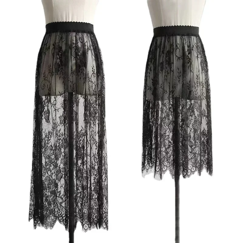 2 comprimento elegante saia preta renda branca transparente longa saia de tule senhoras elástica cintura alta praia midi saia transporte da gota