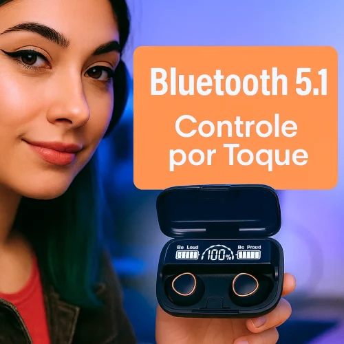Fone de ouvido Bluetooth 5.1 com estojo LED digital, à prova d'água, potente, bateria de longa duração, controle por toque - Imagem 3