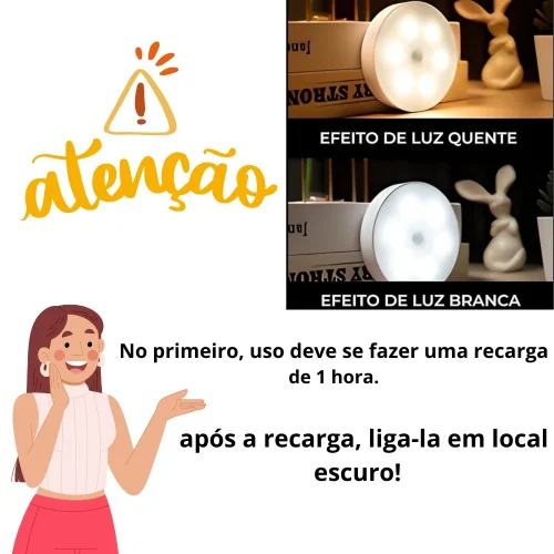 Luminárias Led S/ Fio Com Sensor Presença Usb Recarregável Luz Quente e Fria - Imagem 5