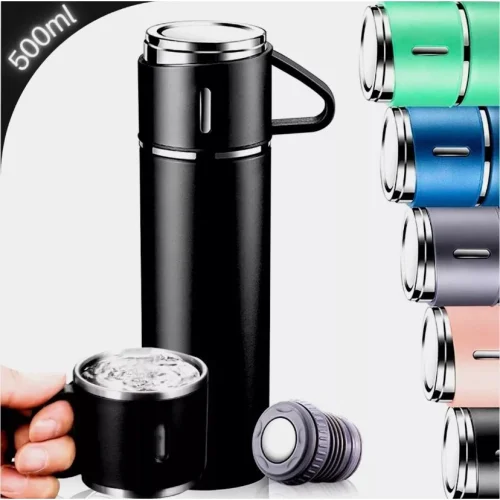 Kit Garrafa Térmica Conjunto Frasco A Vácuo 500ml Com 3 Xícaras - Imagem 4