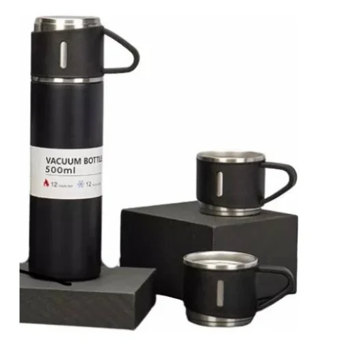 Kit Garrafa Térmica Conjunto Frasco A Vácuo 500ml Com 3 Xícaras - Imagem 2