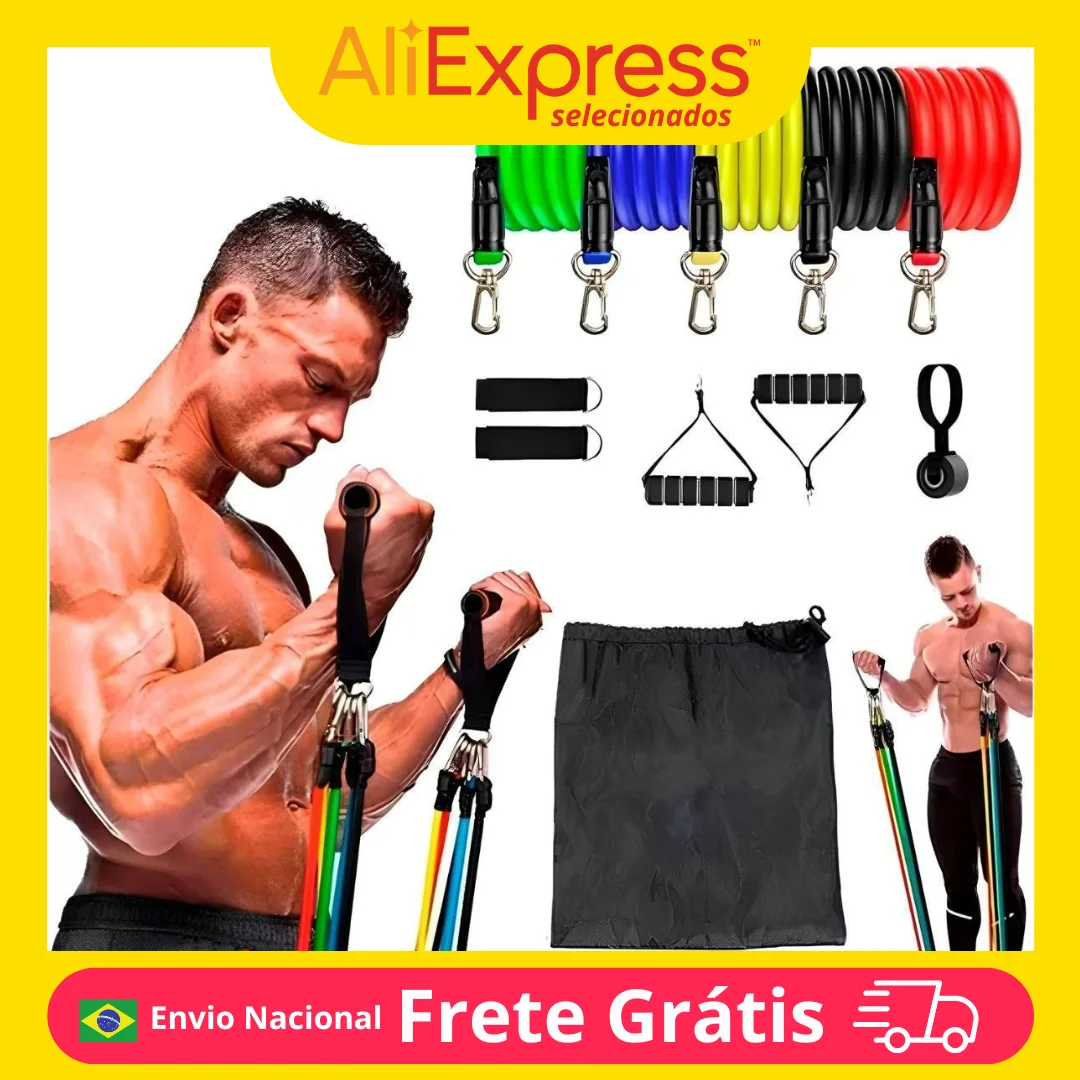 Kit com 11 extensores elásticos para treino funcional, ginástica, fitness e desenvolvimento muscular.