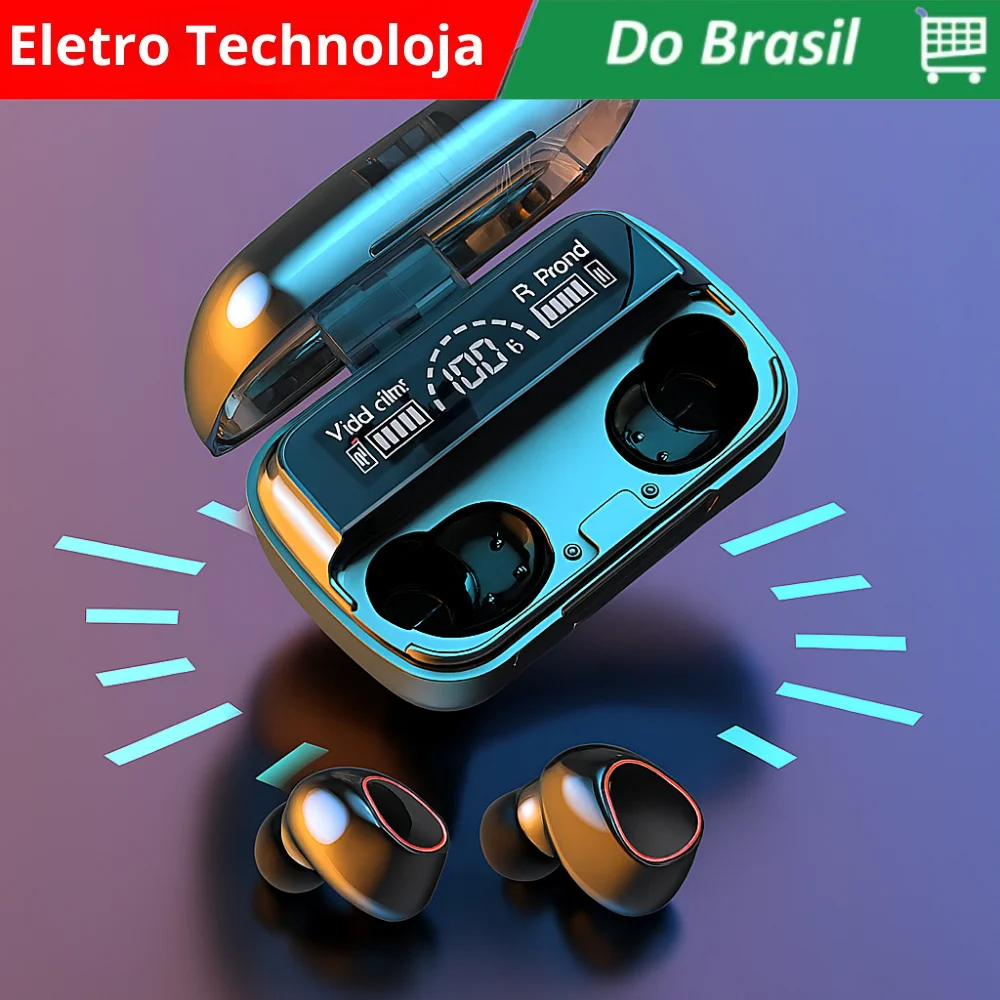 Fone de ouvido Bluetooth 5.1 com estojo LED digital, à prova d'água, potente, bateria de longa duração, controle por toque