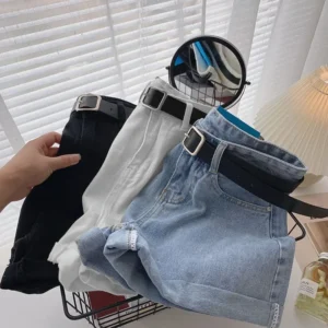 Novos shorts jeans femininos de cintura alta, verão, finos, soltos, emagrecedores, curvos, linha A, perna larga, jeans da moda, 2021