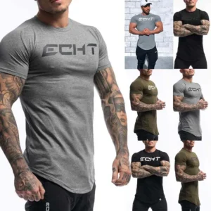 Echt novo esporte masculino elástico manga curta camiseta efeito de emagrecimento fundo redondo para fitness e corrida fora fornecimento direto