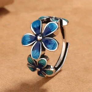 HX Vintage Cloisonne Esmalte Flor Anel Ajustável Estilo Boêmio Minimalista Joias Declaração para Mulheres