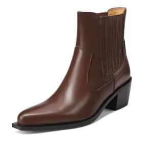 2025 nova tendência de couro de vaca genuíno botas de tornozelo feminino preto marrom bloco saltos preto apontou toe moda chelsea botas plus size