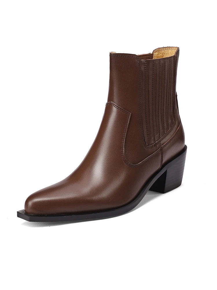 2025 nova tendência de couro de vaca genuíno botas de tornozelo feminino preto marrom bloco saltos preto apontou toe moda chelsea botas plus size
