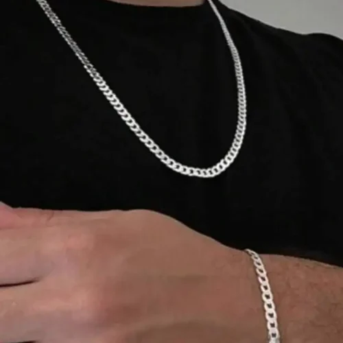 2 peças Joias Conjunto de Corrente Grumet Colar e Pulseira Moda Masculina Banhadas a Prata Aço Inox 316L 2.0 mm kit